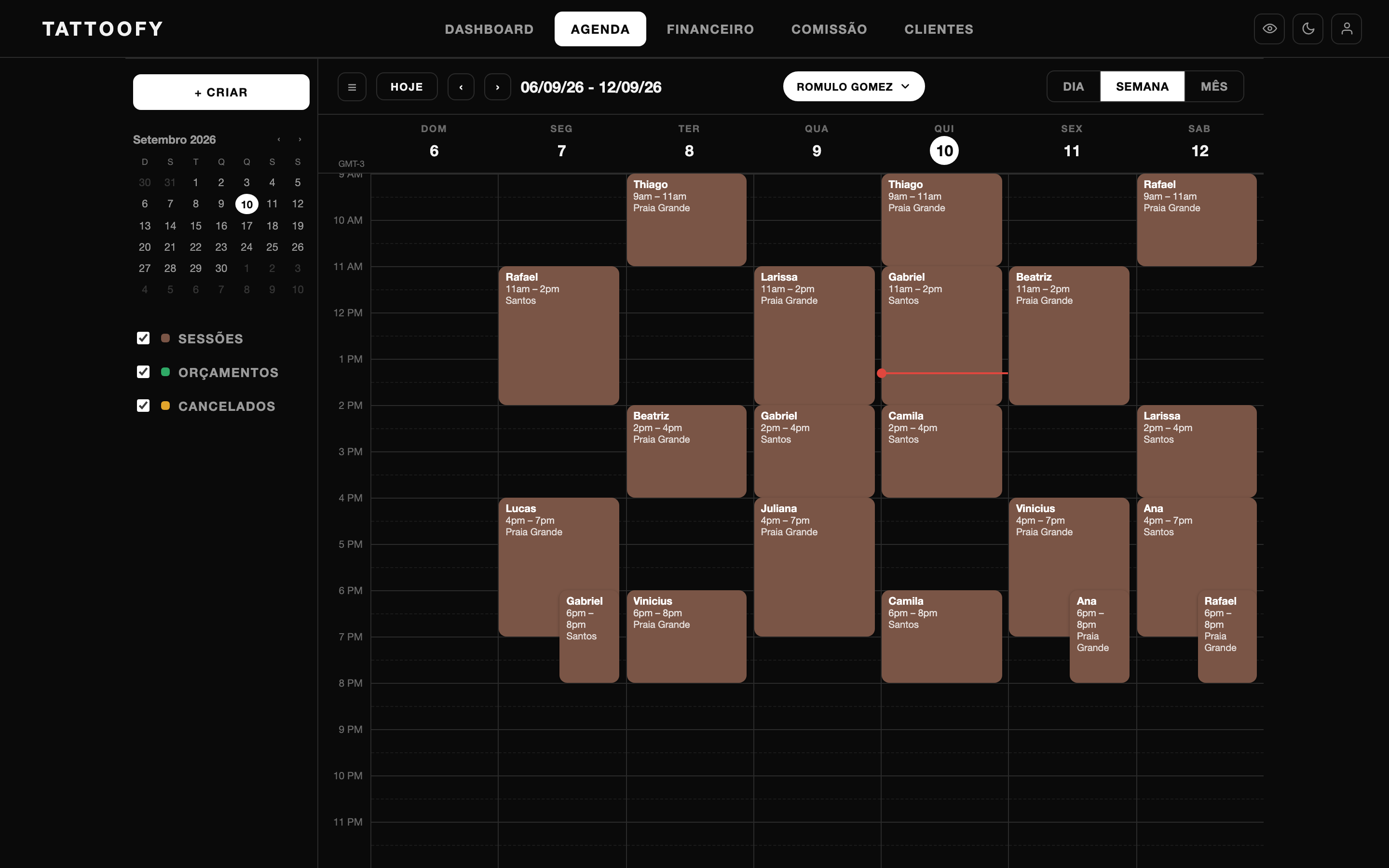 Agenda semanal do Tattoofy com as sessões da semana