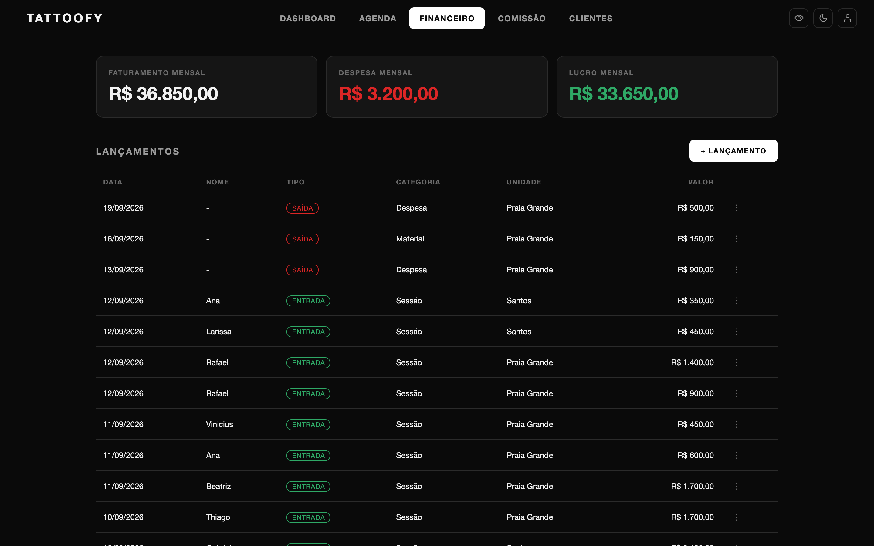Tela de financeiro do Tattoofy com entradas e saídas lançadas automaticamente